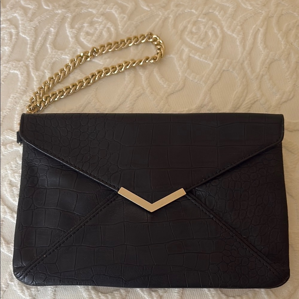 Express Black Leather and Gold Clutch with Chain Strap and Envelope Shape